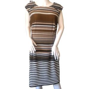 KARIN STEVENS Size 12 Brown White Stripe Bodycon Sleeveless Dress Neutral Sheath